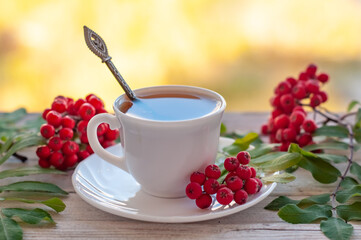 A cup of tea with rowan berries and autumn leaves