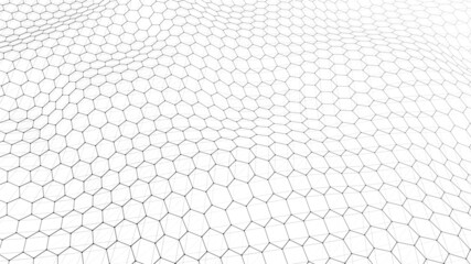 Futuristic vector hexagon wave. White cyberspace. Abstract wave with dots and line. Dark moving particles on background.