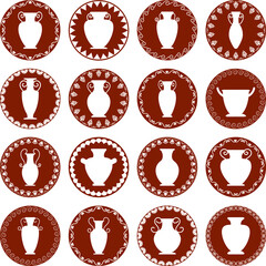 Naklejka premium Set of ancient greek vase logos. Collection of sixteen greek urns with ornament vector illustration. Amphora icon isolated on white background