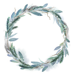 Watercolor Christmas wreath with fir, leaves and dry branches. Hand painted holiday frame with plants isolated on white background. Floral illustration - 460260447