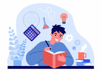 Male student studying science from book. Man learning experiments in chemistry, formulas flat vector illustration. School, university education concept for banner, website design or landing web page - obrazy, fototapety, plakaty