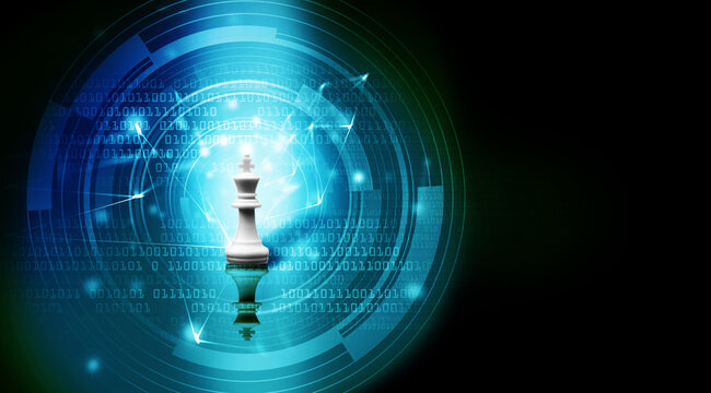 White King chess stand on futuristic digital, Leader in digital disrupt digital age era and old Leader in digital data world  concept