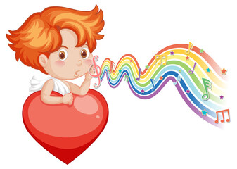 Cupid boy holding heart with melody symbols on rainbow wave