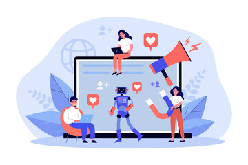 Team of marketers creating viral social media content. Tiny people holding megaphone and magnet, working together online. Digital marketing concept for banner, website design or landing web page