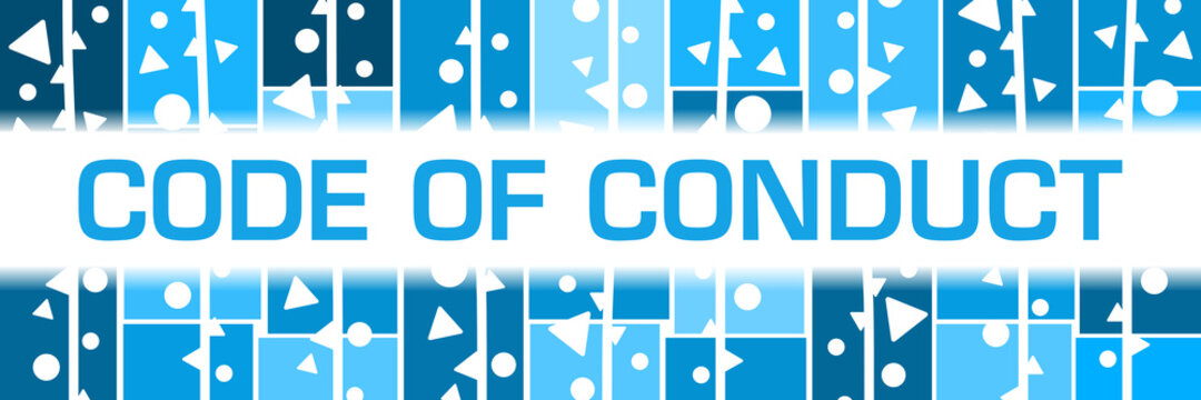 Code Of Conduct Blue Squares White Dots Triangles Horizontal Text 