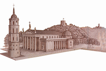 the cathedral and belfry of Vilnius and Gediminas hill.  Portrait from Lithuania 50 Litu 2003 Banknotes.