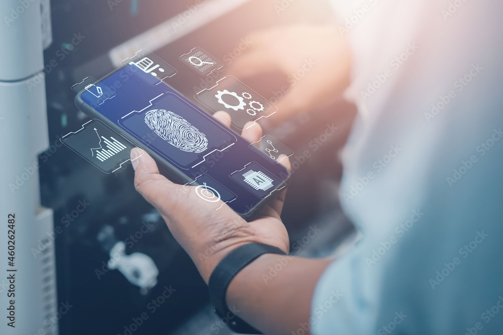 Poster mobile phone with fingerprint scanner app cybersecurity concept internet and network technology