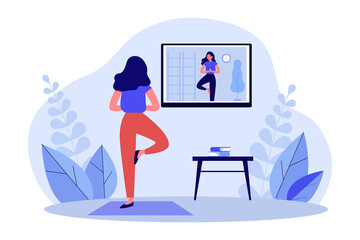 Woman practicing yoga at home with online video lesson. Girl standing in balancing pose and training flat vector illustration. Healthy workout concept for banner, website design or landing web page