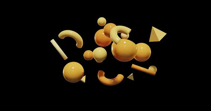 Abstract 3d objects on black background, composition of flying forms, mixed realistic materials