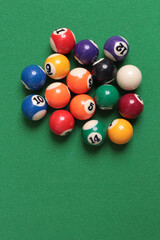 Billiard balls on green table with  numbers
