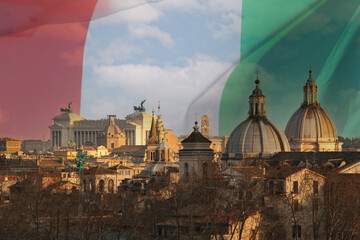 panorama of Rome Italy with Italian flag background