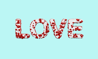 The word Love tagged with small red hearts. White letters in 3D against a light blue backdrop. Valentine concept. 3D illustration.	