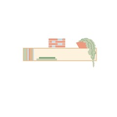 Vector flat cartoon shelf with different books,home plant and stuff isolated on empty background-furniture and interior elements concept,web site banner ad design