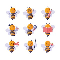 Back to school set with cute cartoon bee. Vector illustration of smart bee students in graduation cap or glasses studying with book and pencil, insect teacher with pointer. Education, animal concept