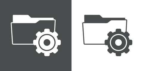 Símbolo configuración. Icono plano silueta de carpeta con engranaje en fondo gris y fondo blanco	