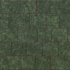 Fototapeta premium Tiles made of green porphyry marble. Close-up of a green porphyry stone floor with dark and light spots. A wall of square tiles of different sizes. 3D-rendering.