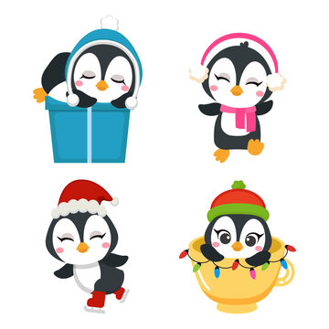 Cute penguin activities at Christmas party clipart set. Flat vector cartoon design