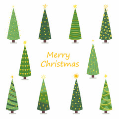 Vector set of cartoon Christmas trees, pines for greeting card, invitation,banner, web. New Years and xmas traditional symbol tree with garlands, light bulb, star. Winter holiday. Icons collection.