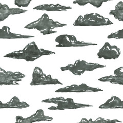 Cartoon seamless pattern of sketches rainy gray clouds on white color. Background illustration drawn by markers. Design colorful template for textile, card, banner.