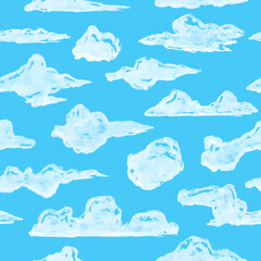 Cartoon seamless pattern of sketches blue clouds. Background illustration drawn by markers. Design colorful template for textile, card, banner.