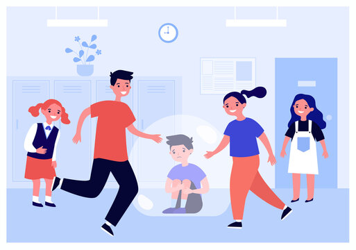 Children students bullying sad boy at school. Unhappy schoolboy sitting on floor flat vector illustration. Violence, conflict between classmates concept for banner, website design or landing web page