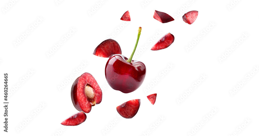 Canvas Prints cherry on isolated , piece food,red berry fly on air ,superfood vitamins cheery,slice red berry,food cherry on white clipping path,.marco stack image