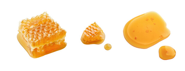 Fototapeta premium honey comb dripping, gold honey piece on white isolate,closeup marco shoot honey , product nature from bee, food honey on white clipping path