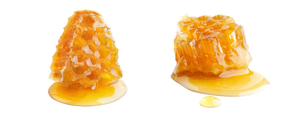 honey comb dripping, gold honey piece  on white isolate,closeup marco shoot honey , product nature from bee, food honey on white clipping path