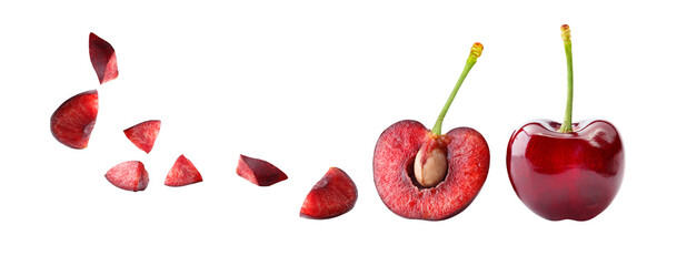 cherry on isolated , piece food,red berry fly on air ,superfood vitamins cheery,slice red berry,food cherry on white clipping path,.marco stack image