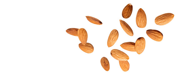 almond piece , almond fly on white, blast healthy food, food on white clipping path , marco stack image - obrazy, fototapety, plakaty