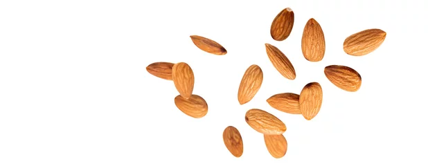 Fotobehang almond piece , almond fly on white, blast healthy food, food on white clipping path , marco stack image © SizeSquare's