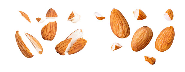almond piece , almond fly on white, blast healthy food, food on white clipping path , marco stack...