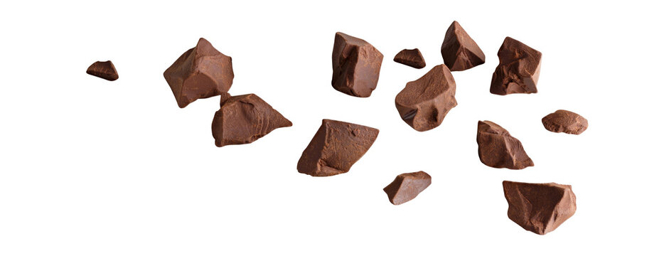 chocolate piece,roasted cocoa,snack food ,chocolate fly explosion on white isolated,food chocolate on white clipping path