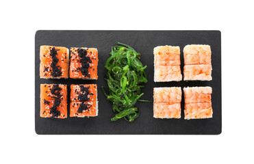 Delicious sushi rolls and chuka on white background, top view