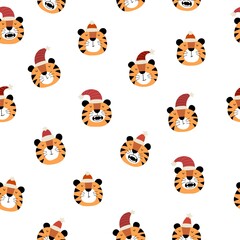 Fototapeta premium holiday seamless pattern with tiger. Merry Christmas. Colorful vector, flat style. design for fabric, print, wrapper