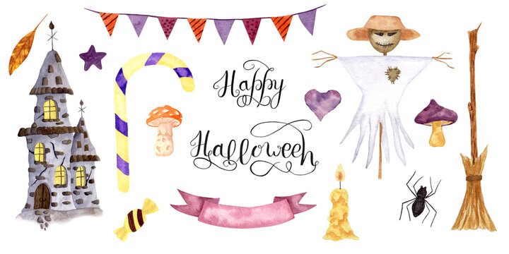 Watercolor Halloween set, poster with old castle, scarecrow and broom and spider. Halloween set. Design for stickers and postcards.