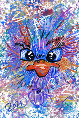 Colorful digital artwork of an crumpy bird. 
