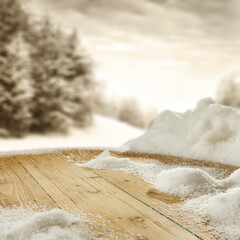 Desk of free space and winter ladnscape 