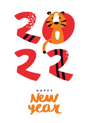 Happy New Year 2022. Cute Tiger and 2022. Vector illustration.