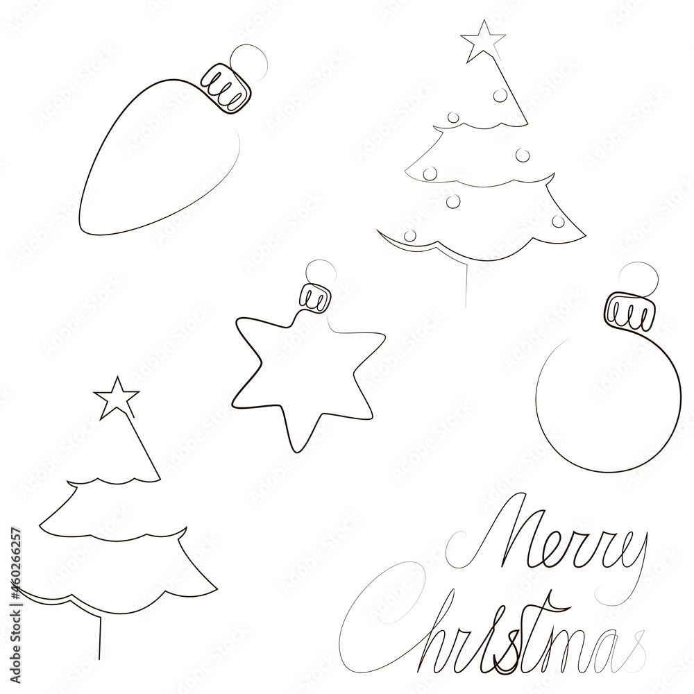 Poster christmas and new year related single continuous line objects and lettering inscription. one line de