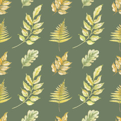 Watercolor seamless autumn leaves pattern isolated on green background.Perfect for fabrics,textile and much more.