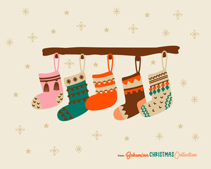 Boho Christmas stockings hanging on a shelf. Bohemian Christmas socks as a great symbol for Christmas cards, posters, stickers, wall art. Flat cartoon simple style. Scandinavian nordic rustic design.