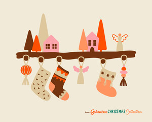 Boho Christmas stockings hanging on a shelf with houses, fir trees and angels.  Bohemian Christmas socks. Great symbol for Christmas cards, posters, stickers, wall art. Flat cartoon simple style.