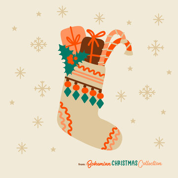 Boho Christmas Stocking Filled With Gifts And Candy Cones. Bohemian Christmas Socks Isolated. Great Symbol For Christmas Cards, Posters, Stickers, Wall Art. Hand Drawn In Flat Cartoon Simple Style