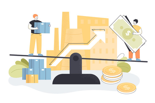 Business investors balancing on scales, achieving profit growth. Tiny people investing money in local factory production flat vector illustration. Dynamic finance balance of microeconomics concept