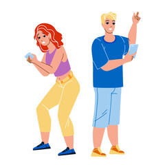 Fomo Vs Jomo Human Emotions And Behaviour Vector. Businessman And Businesswoman Fomo Vs Jomo, Positive And Negative Expression. Characters Fear Or Joy Of Missing Out Flat Cartoon Illustration