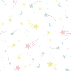 Cute sky pattern with shooting stars, vector repeat