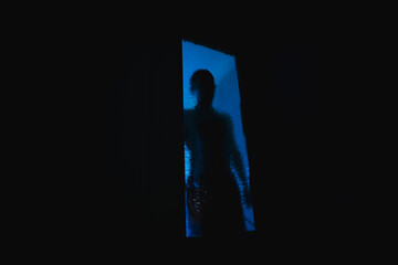 A blurred silhouette in the dark behind the glass.