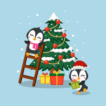 Cute penguin preparing for Christmas gift and decoration. Flat vector cartoon design