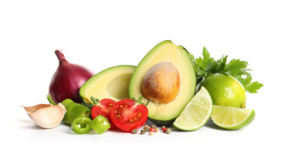 Fresh ingredients for guacamole on white background